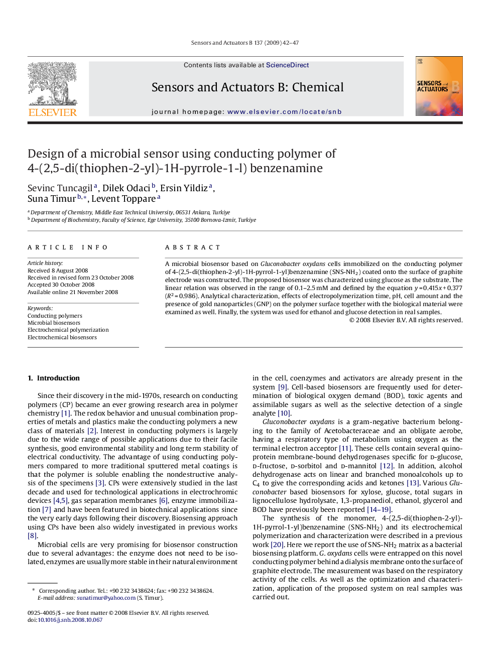 Design of a microbial sensor using conducting polymer of 4-(2,5-di(thiophen-2-yl)-1H-pyrrole-1-l) benzenamine