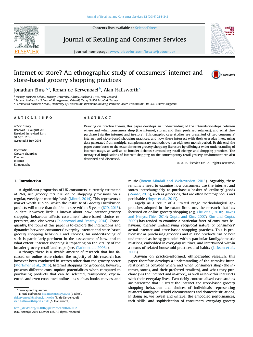 Internet or store? An ethnographic study of consumers' internet and store-based grocery shopping practices