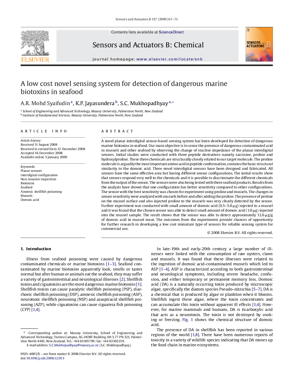 A low cost novel sensing system for detection of dangerous marine biotoxins in seafood