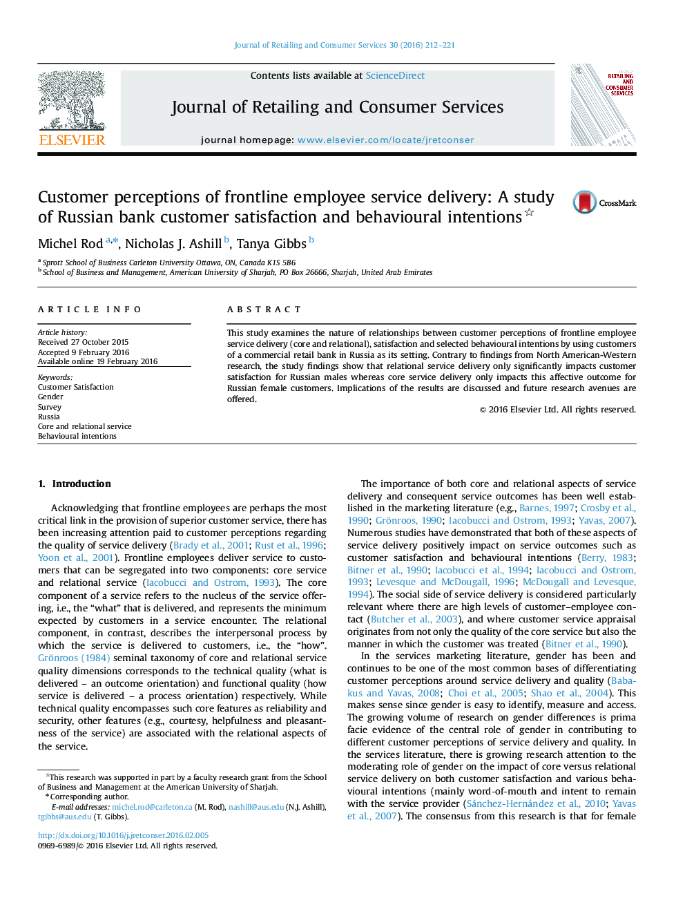 Customer perceptions of frontline employee service delivery: A study of Russian bank customer satisfaction and behavioural intentions