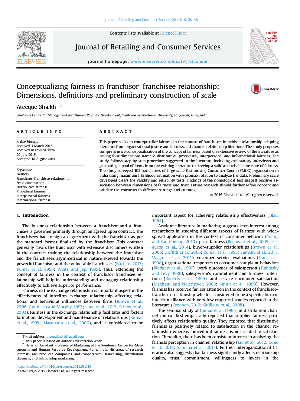 Conceptualizing fairness in franchisor-franchisee relationship: Dimensions, definitions and preliminary construction of scale