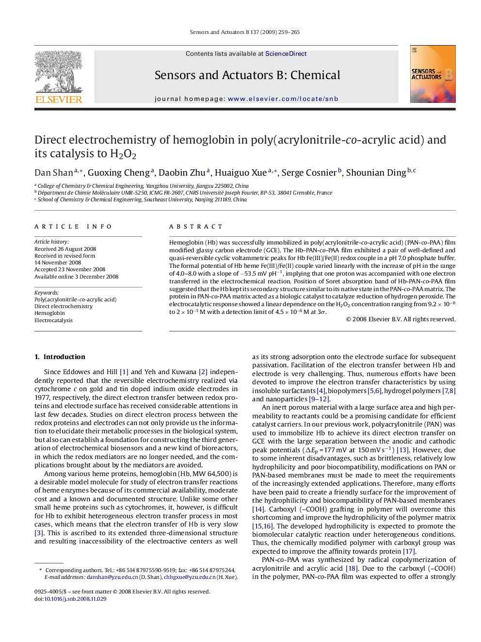 Direct electrochemistry of hemoglobin in poly(acrylonitrile-co-acrylic acid) and its catalysis to H2O2