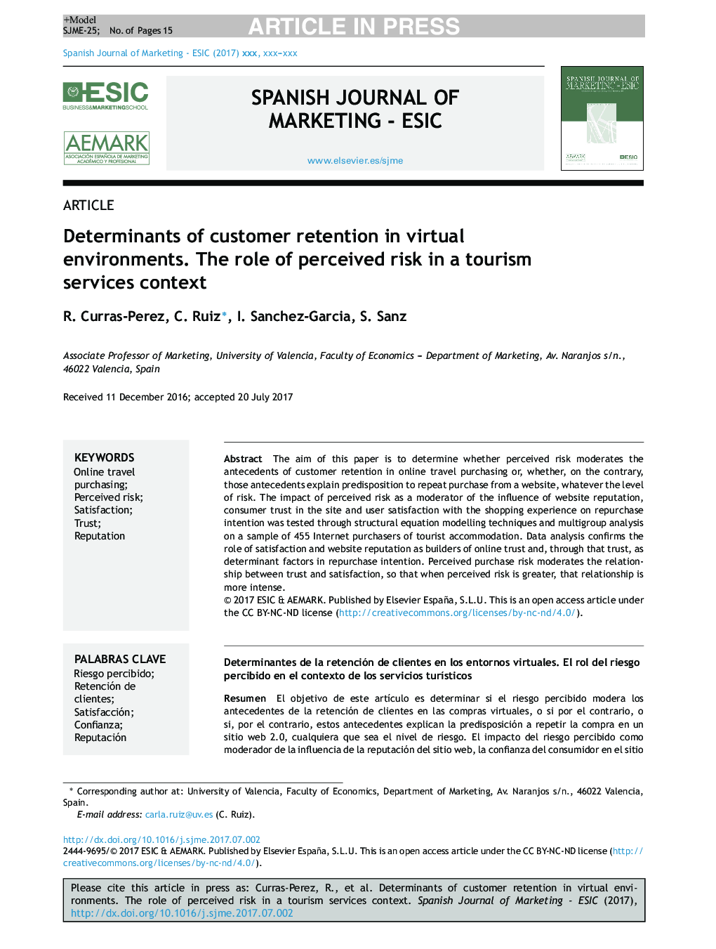 Determinants of customer retention in virtual environments. The role of perceived risk in a tourism services context