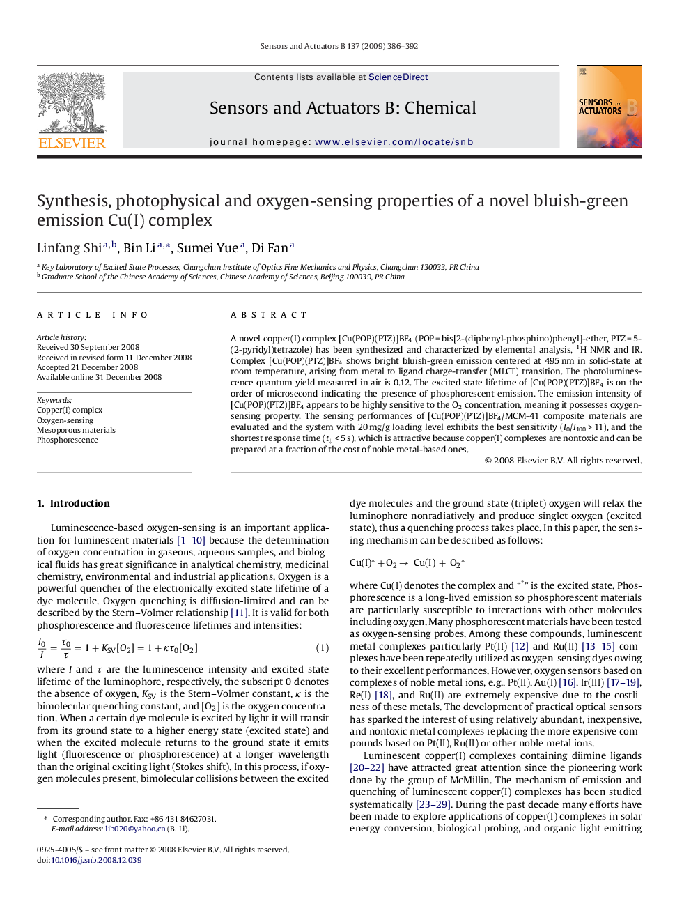 Synthesis, photophysical and oxygen-sensing properties of a novel bluish-green emission Cu(I) complex