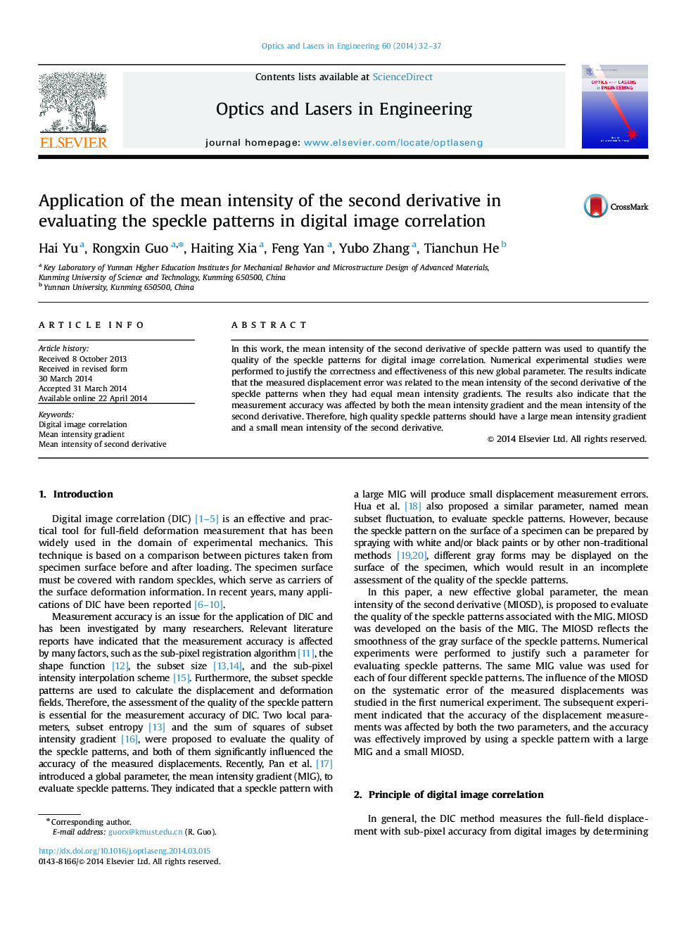 Application of the mean intensity of the second derivative in evaluating the speckle patterns in digital image correlation