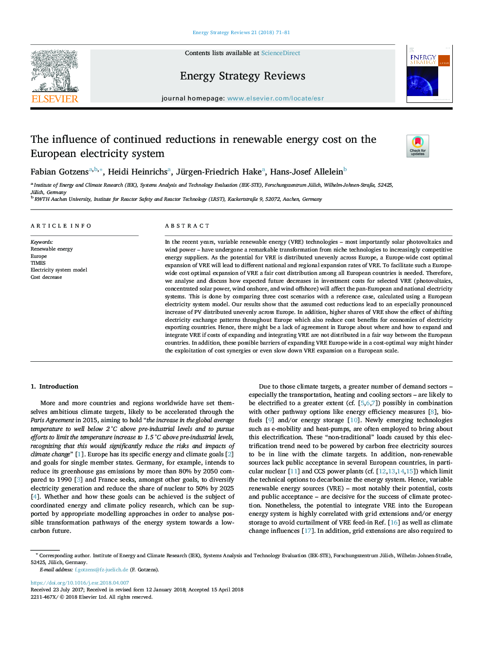 The influence of continued reductions in renewable energy cost on the European electricity system