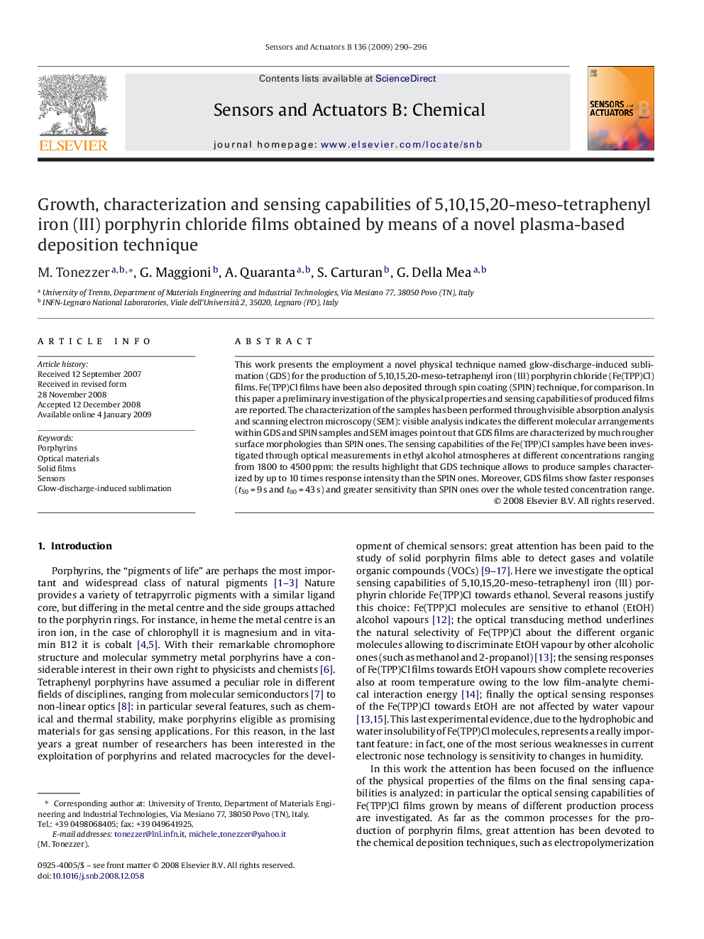 Growth, characterization and sensing capabilities of 5,10,15,20-meso-tetraphenyl iron (III) porphyrin chloride films obtained by means of a novel plasma-based deposition technique