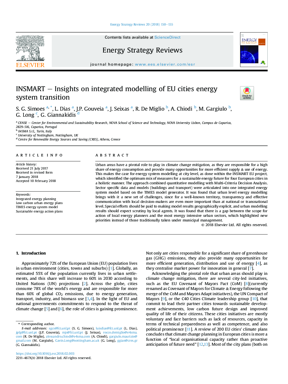 عکس صفحه اول مقاله: INSMART - Insights on integrated modelling of EU cities energy system transition INSMART - Insights on integrated modelling of EU cities energy system transition