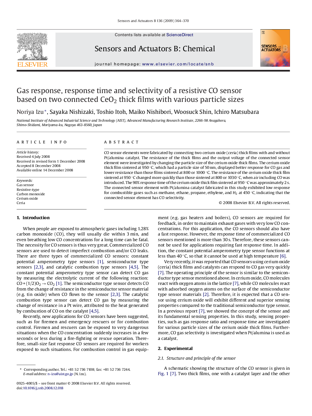 Gas response, response time and selectivity of a resistive CO sensor based on two connected CeO2 thick films with various particle sizes