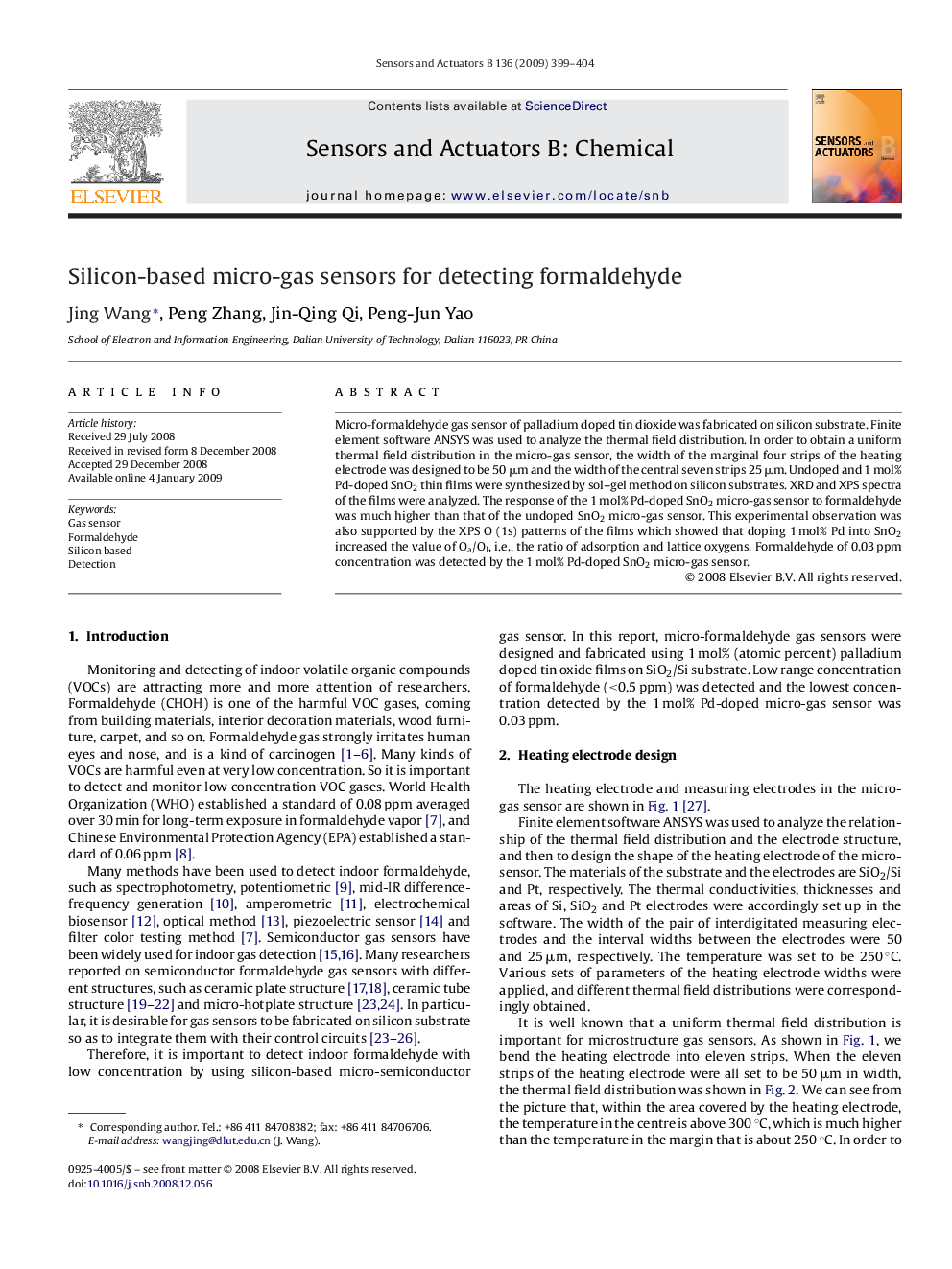 Silicon-based micro-gas sensors for detecting formaldehyde