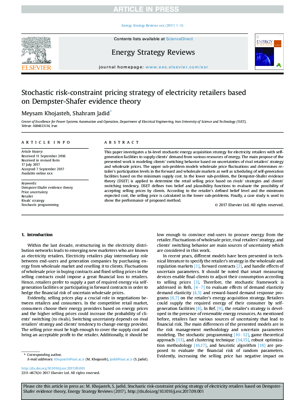 Stochastic risk-constraint pricing strategy of electricity retailers based on Dempster-Shafer evidence theory