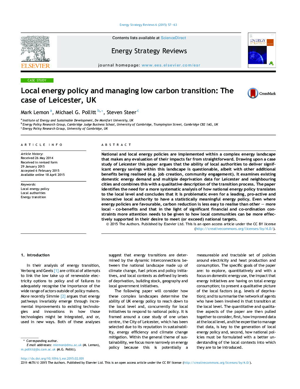 Local energy policy and managing low carbon transition: The case of Leicester, UK