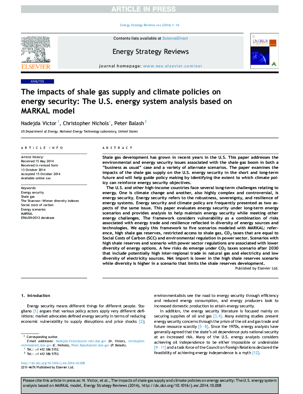 The impacts of shale gas supply and climate policies on energy security: The U.S. energy system analysis based on MARKAL model