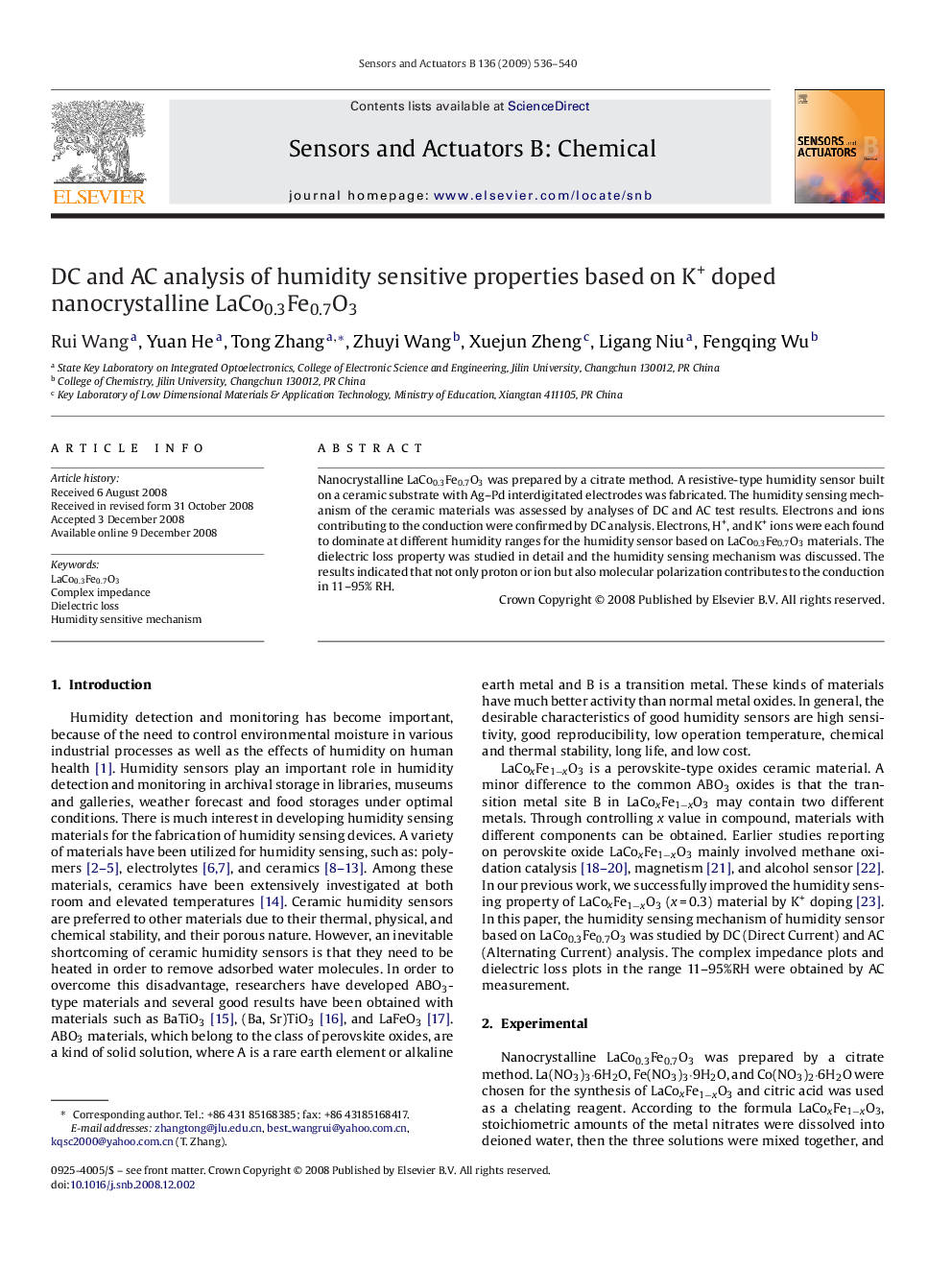 DC and AC analysis of humidity sensitive properties based on K+ doped nanocrystalline LaCo0.3Fe0.7O3