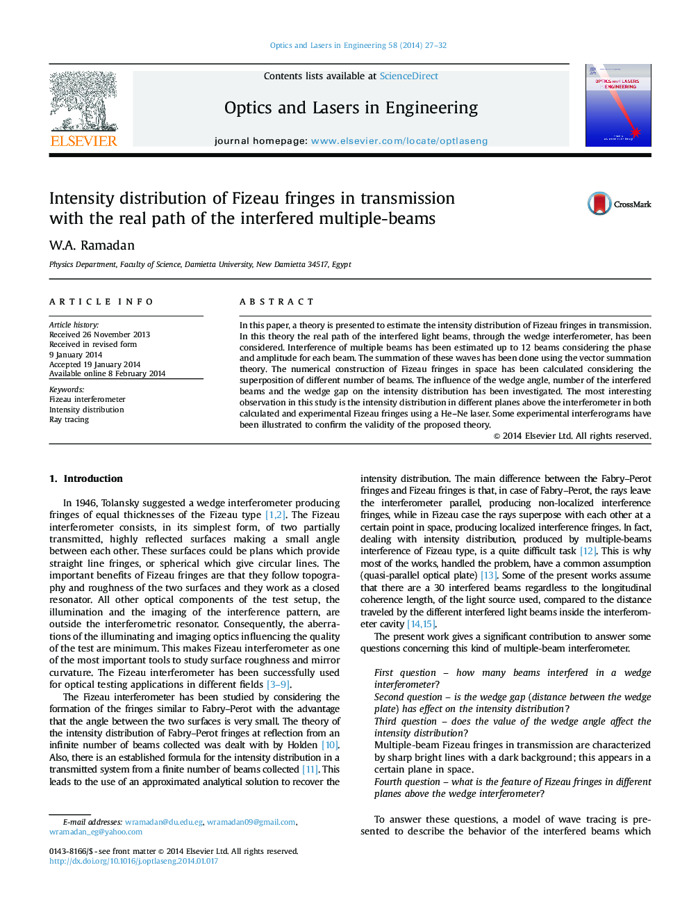 Intensity distribution of Fizeau fringes in transmission with the real path of the interfered multiple-beams