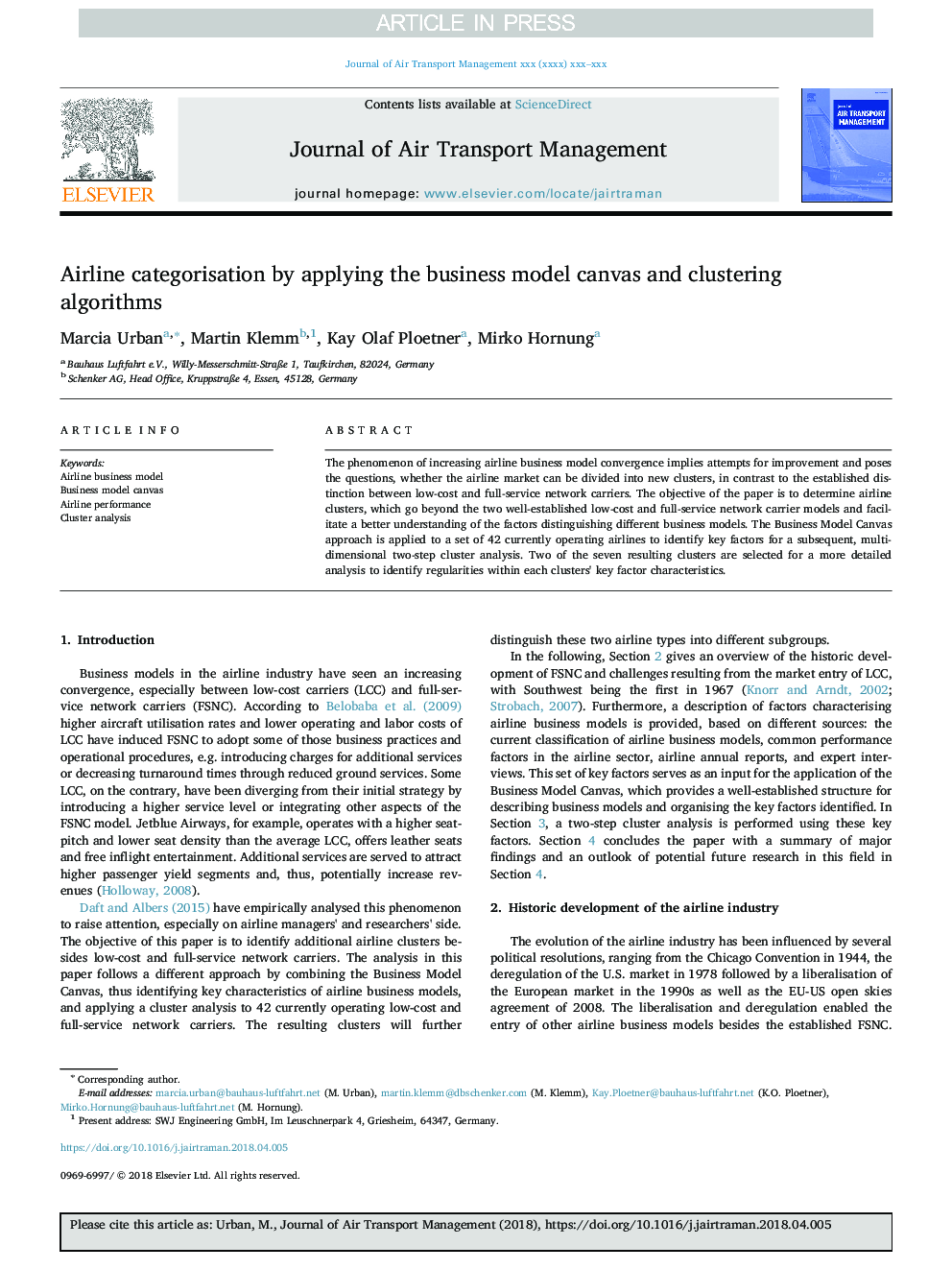 Airline categorisation by applying the business model canvas and clustering algorithms