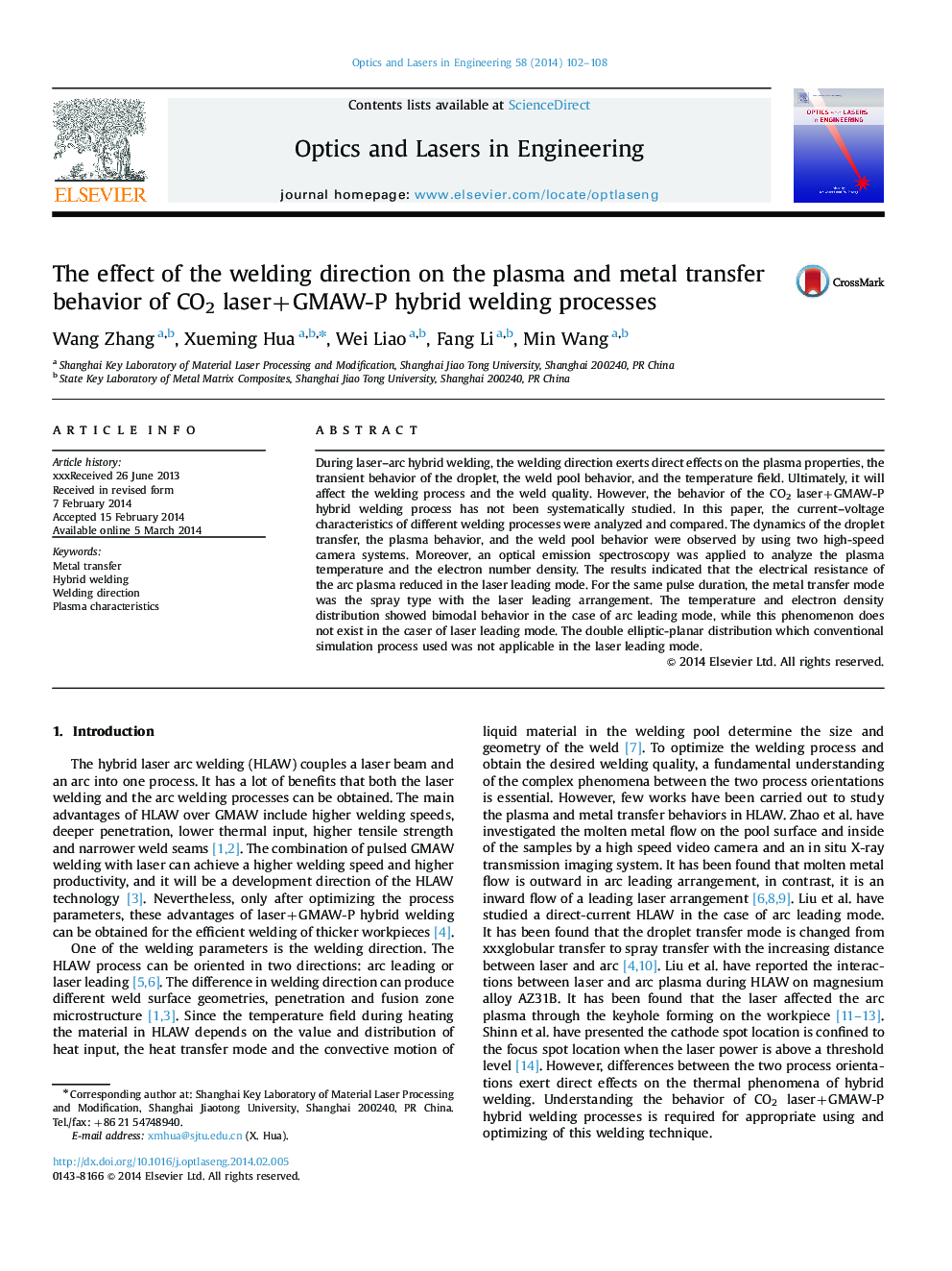 The effect of the welding direction on the plasma and metal transfer behavior of CO2 laser+GMAW-P hybrid welding processes