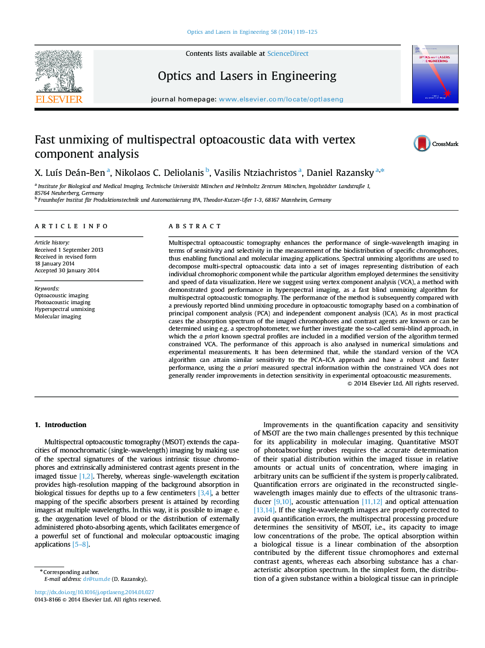 Fast unmixing of multispectral optoacoustic data with vertex component analysis