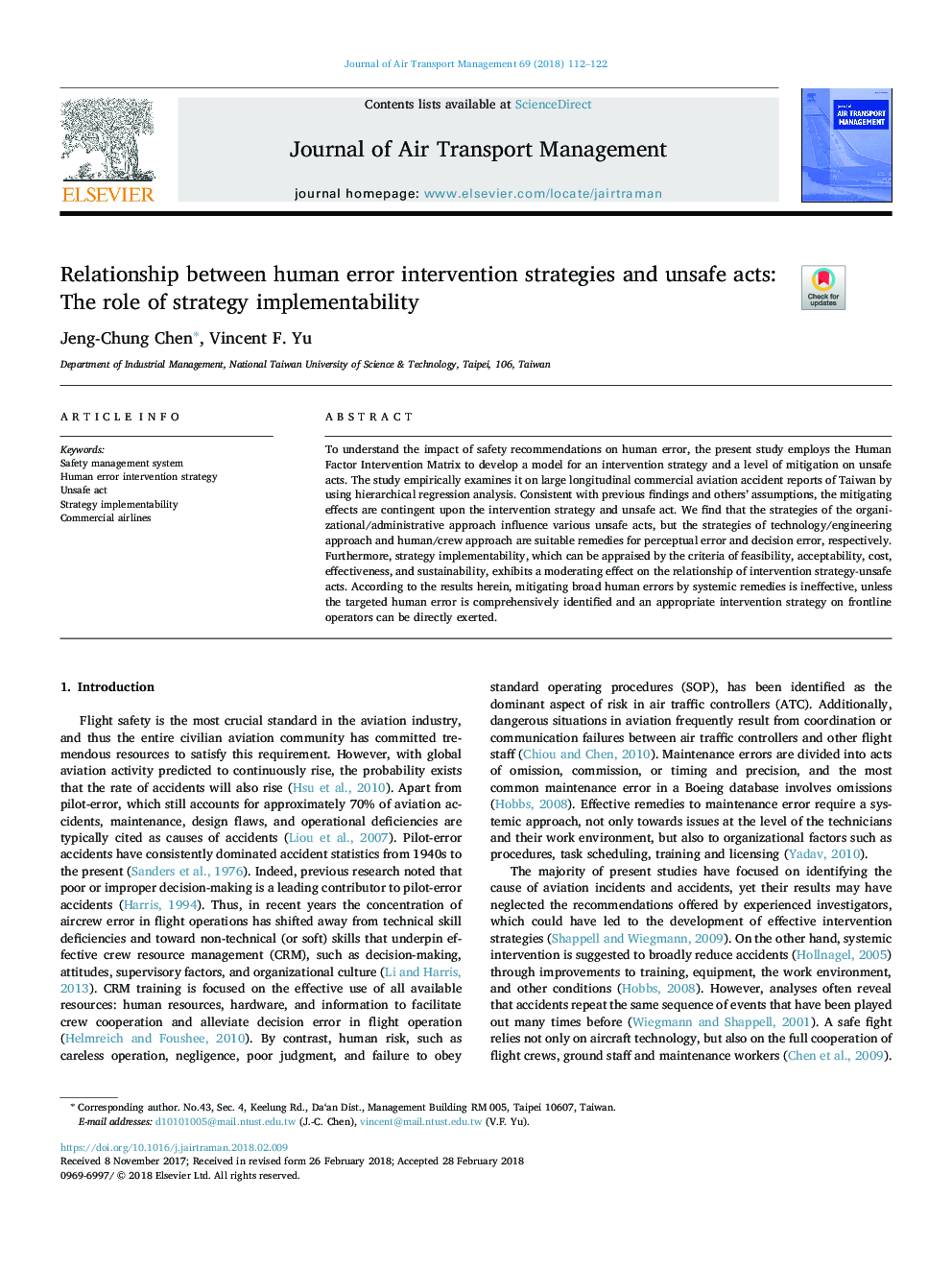 رابطه بین استراتژی های مداخله خطای انسانی و اقدامات ناامن: نقش پیاده سازی استراتژی 