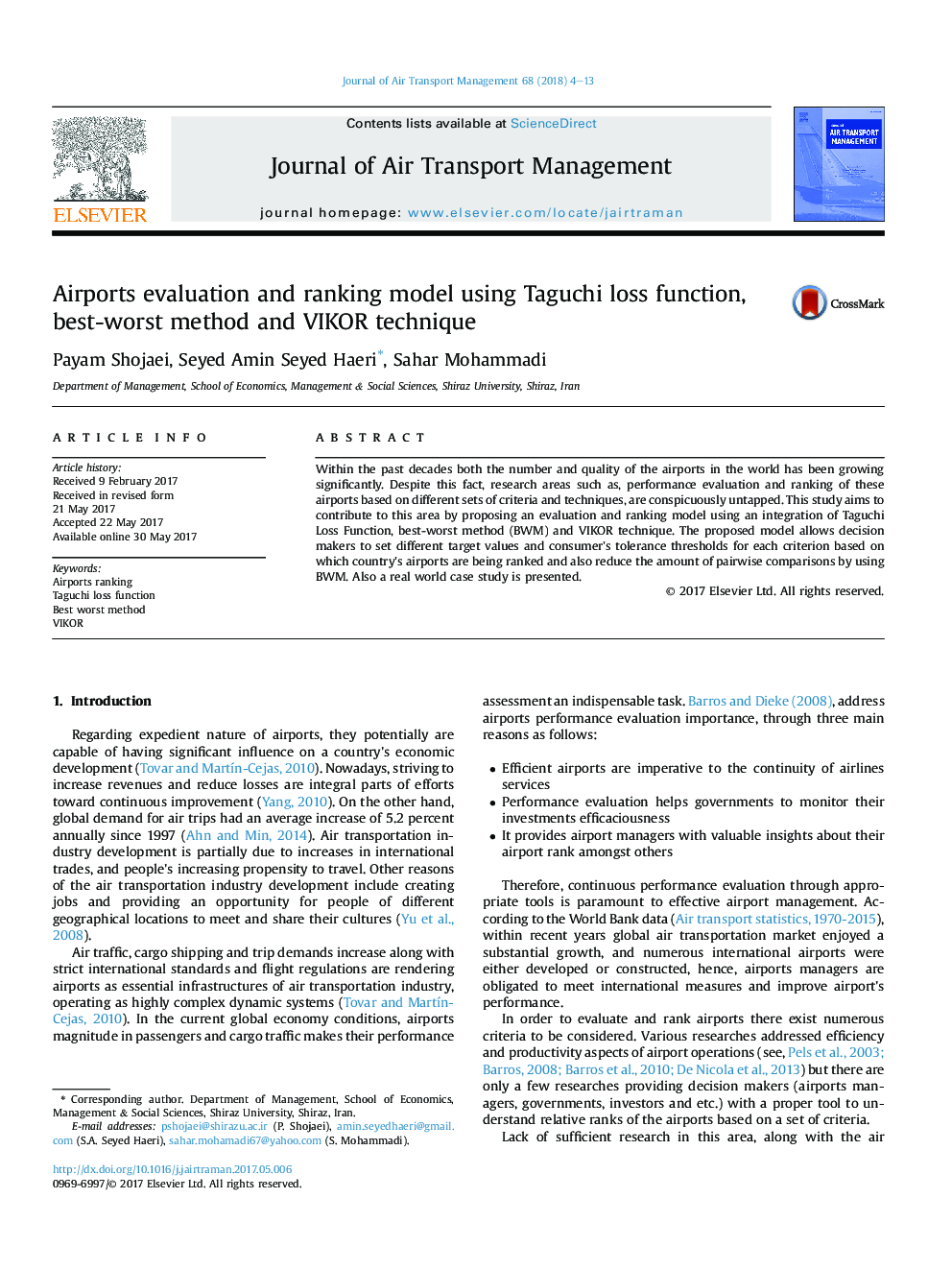 Airports evaluation and ranking model using Taguchi loss function, best-worst method and VIKOR technique