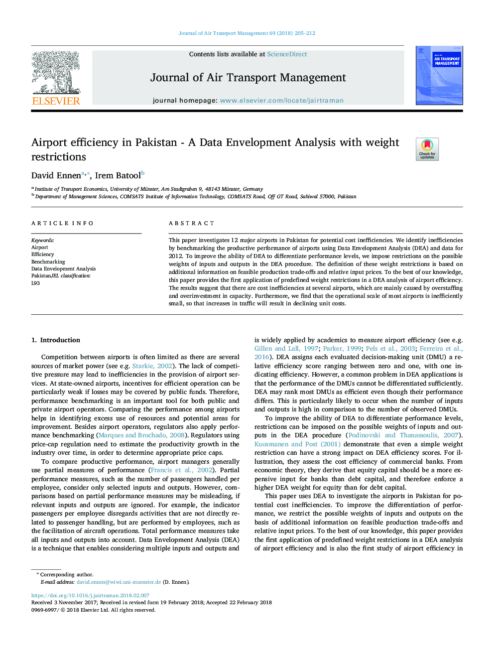 Airport efficiency in Pakistan - A Data Envelopment Analysis with weight restrictions