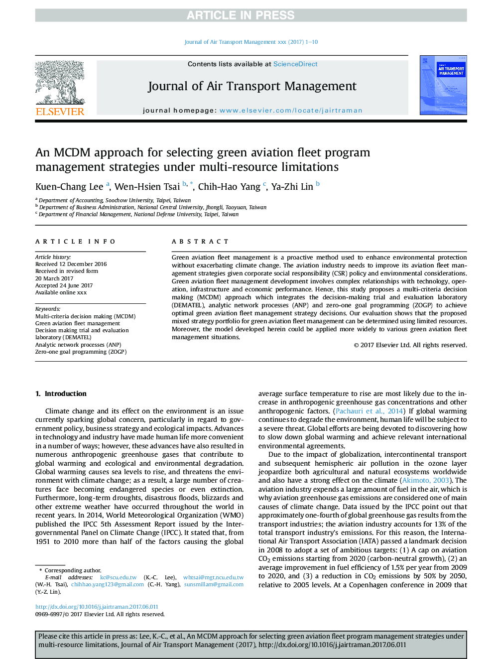 An MCDM approach for selecting green aviation fleet program management strategies under multi-resource limitations