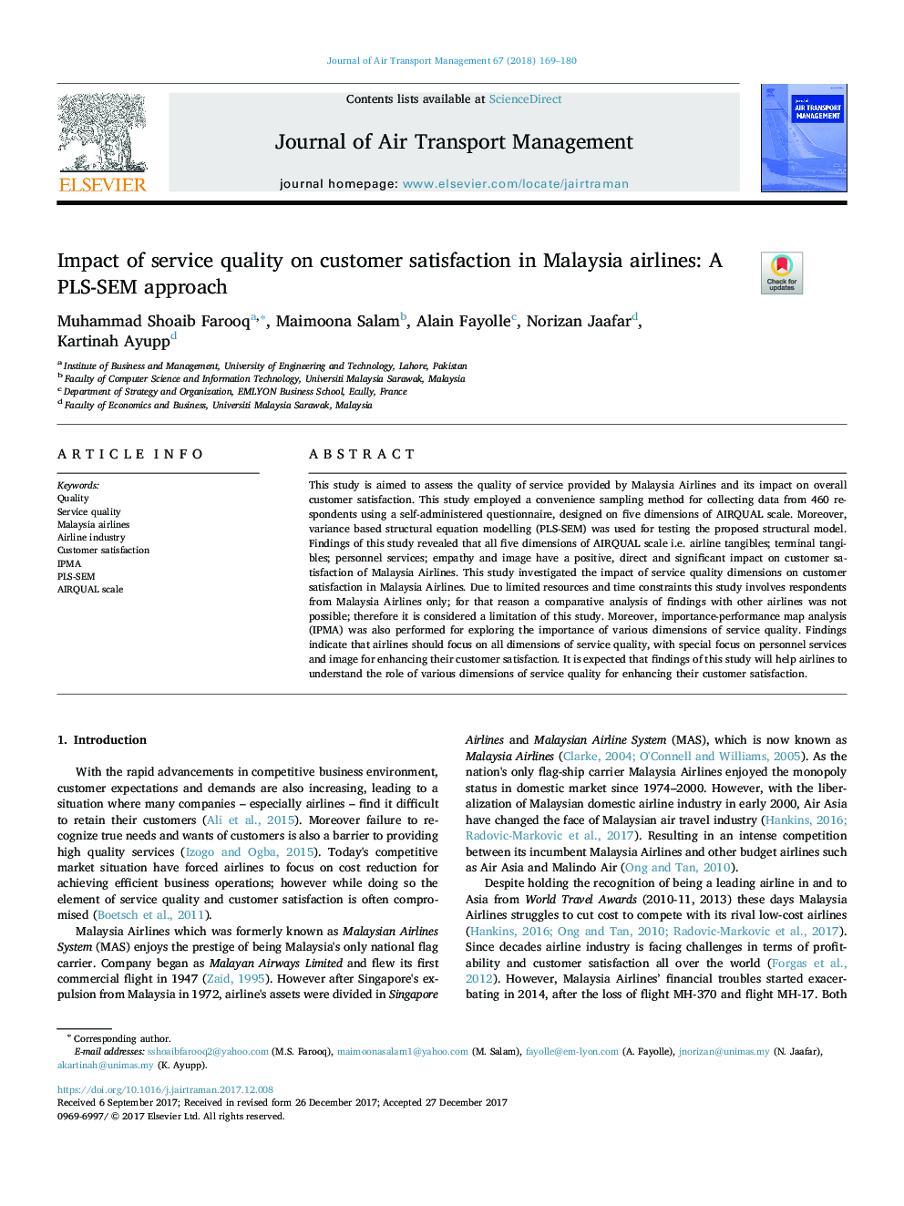 Impact of service quality on customer satisfaction in Malaysia airlines: A PLS-SEM approach