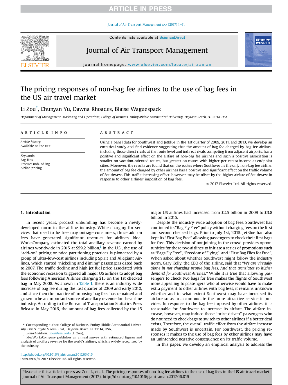 The pricing responses of non-bag fee airlines to the use of bag fees in the US air travel market