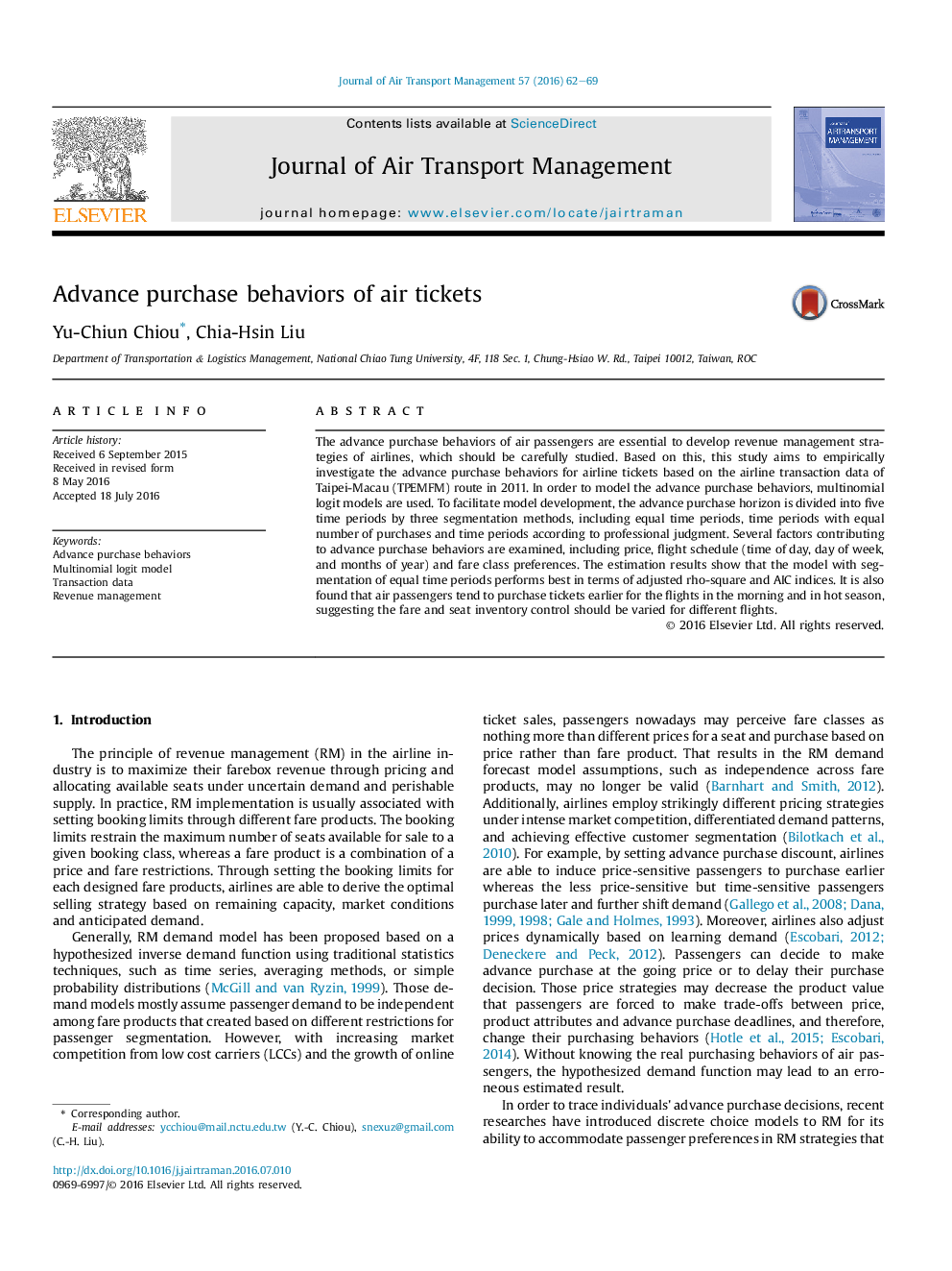 Advance purchase behaviors of air tickets