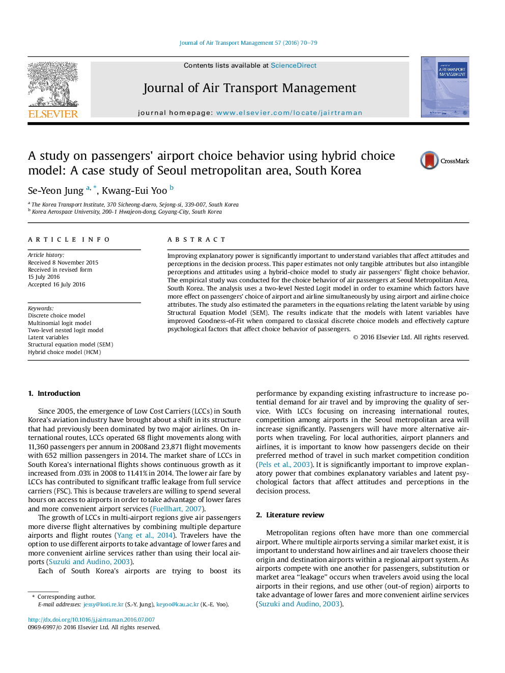 A study on passengers' airport choice behavior using hybrid choice model: A case study of Seoul metropolitan area, South Korea