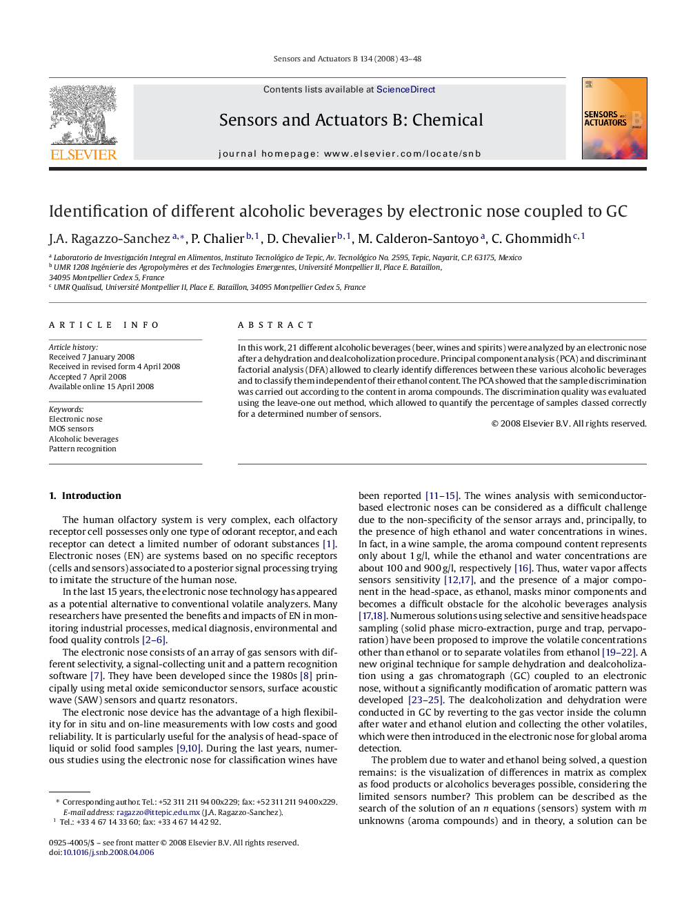 Identification of different alcoholic beverages by electronic nose coupled to GC