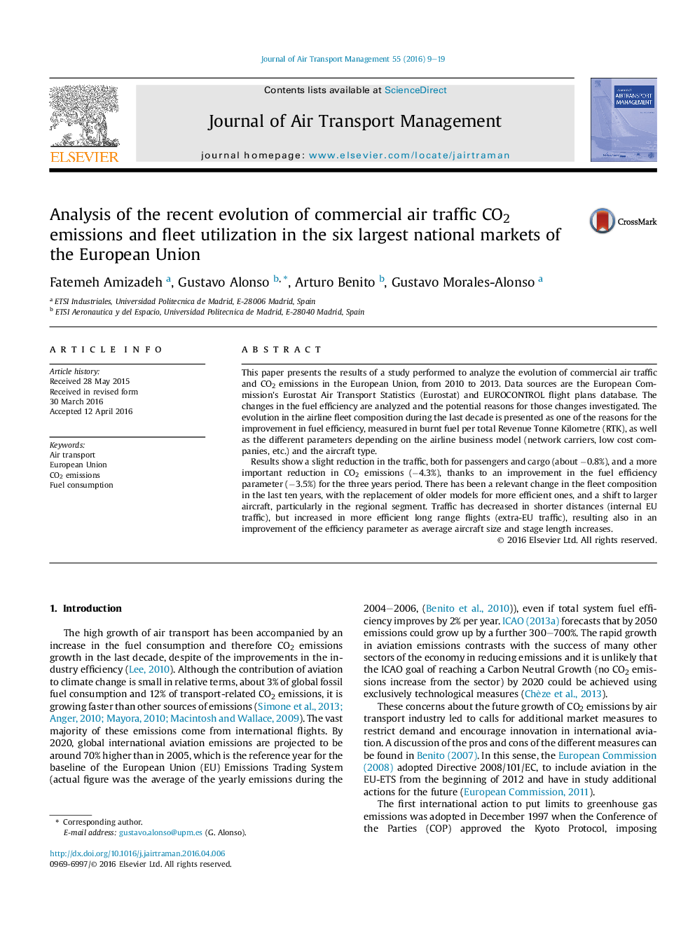 Analysis of the recent evolution of commercial air traffic CO2 emissions and fleet utilization in the six largest national markets of the European Union