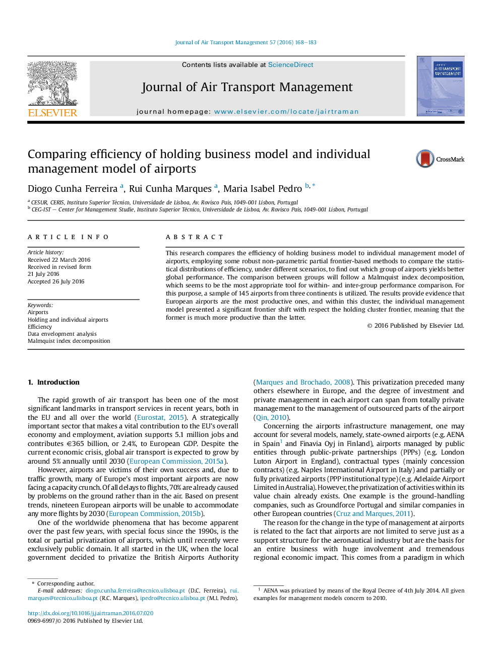 Comparing efficiency of holding business model and individual management model of airports