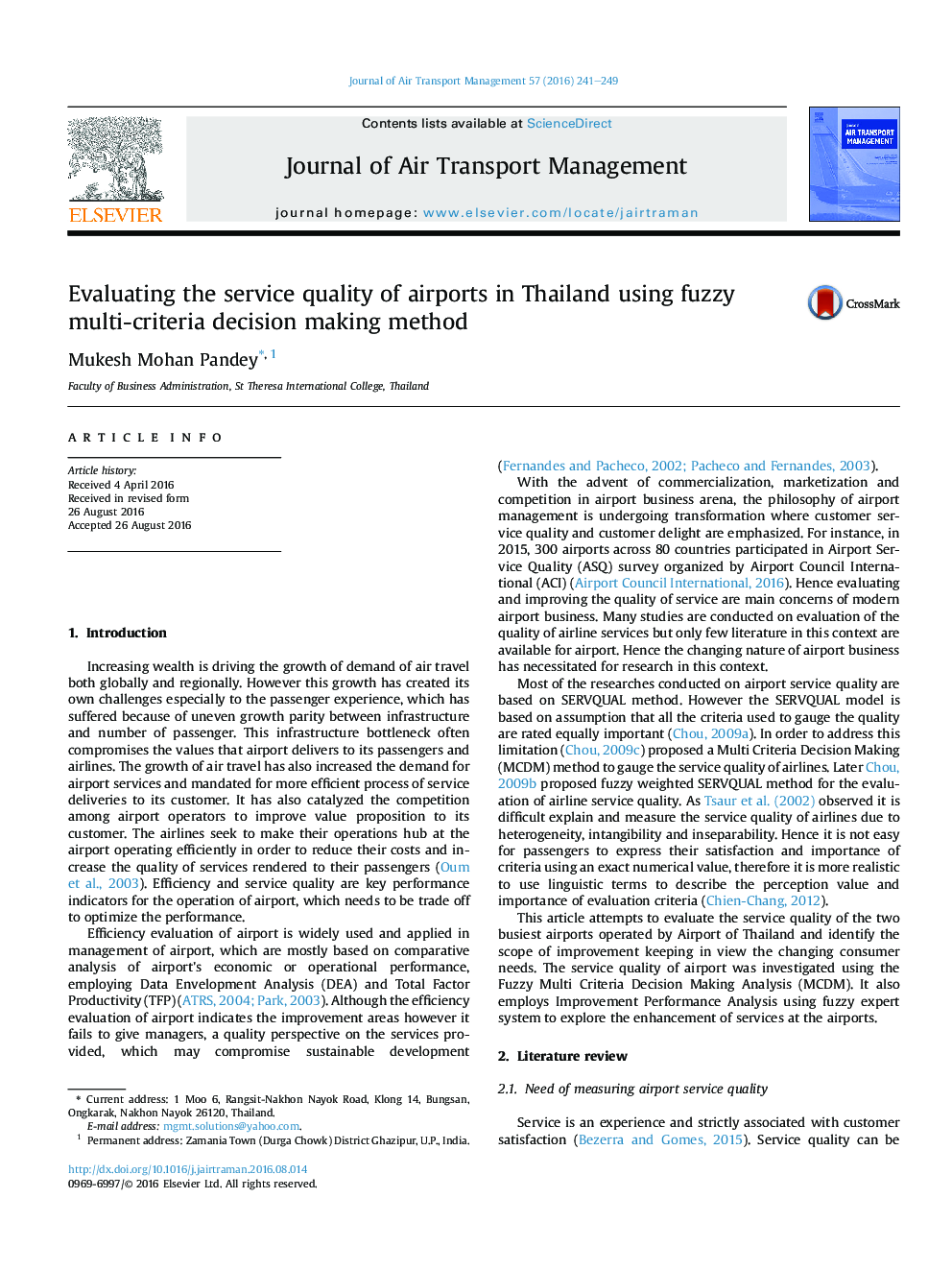 Evaluating the service quality of airports in Thailand using fuzzy multi-criteria decision making method