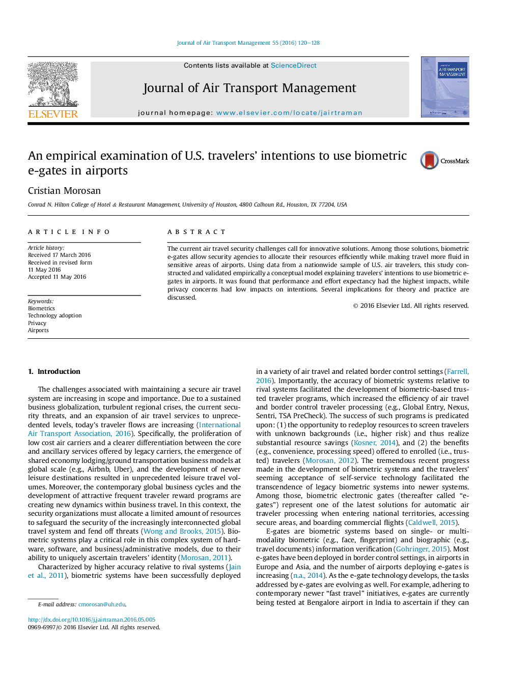 An empirical examination of U.S. travelers' intentions to use biometric e-gates in airports