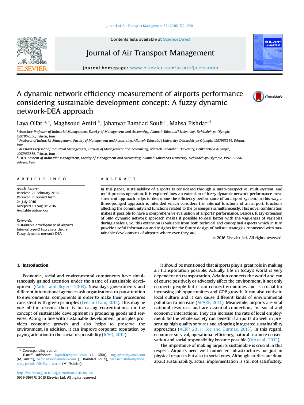 A dynamic network efficiency measurement of airports performance considering sustainable development concept: A fuzzy dynamic network-DEA approach