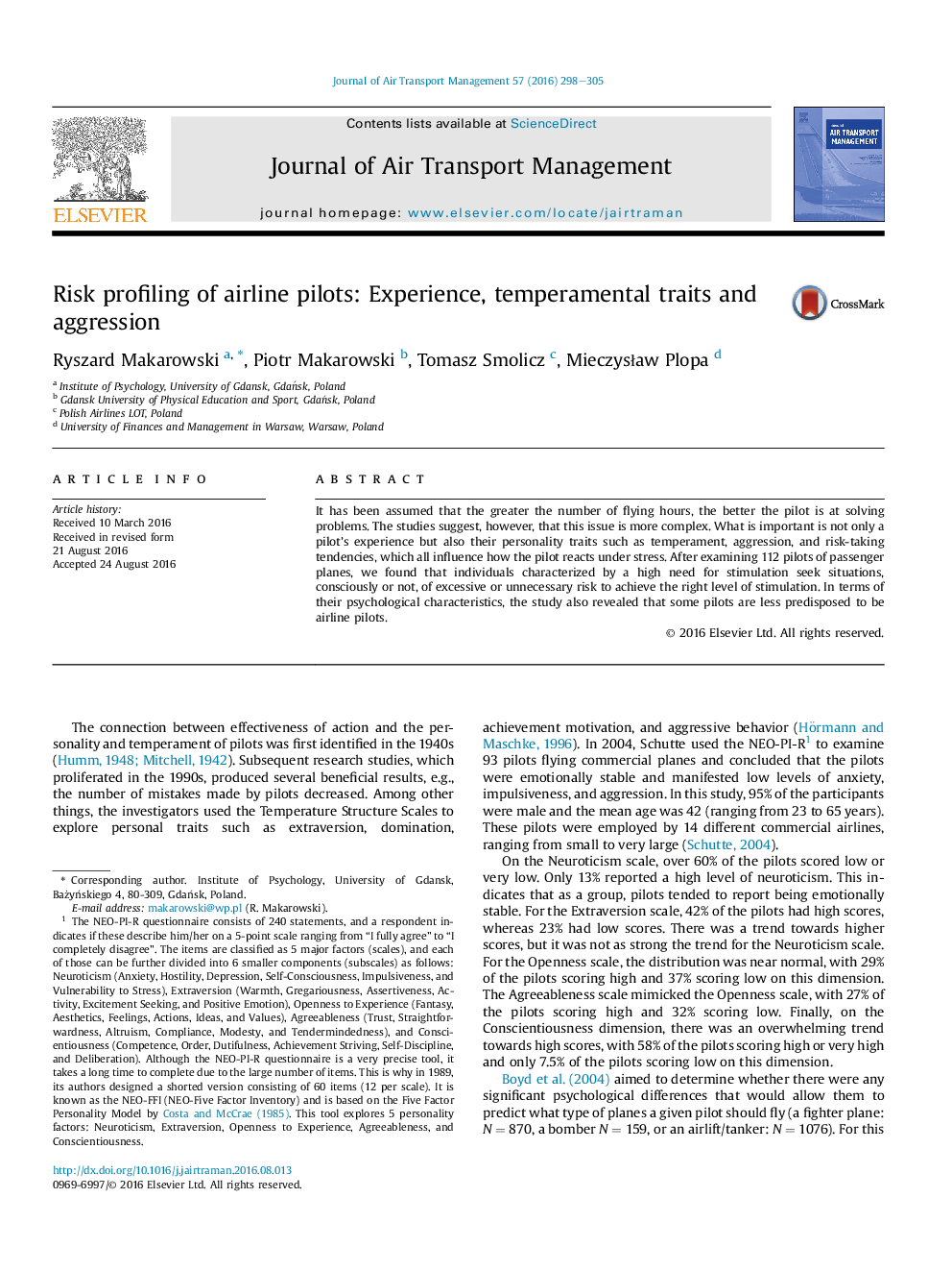 Risk profiling of airline pilots: Experience, temperamental traits and aggression