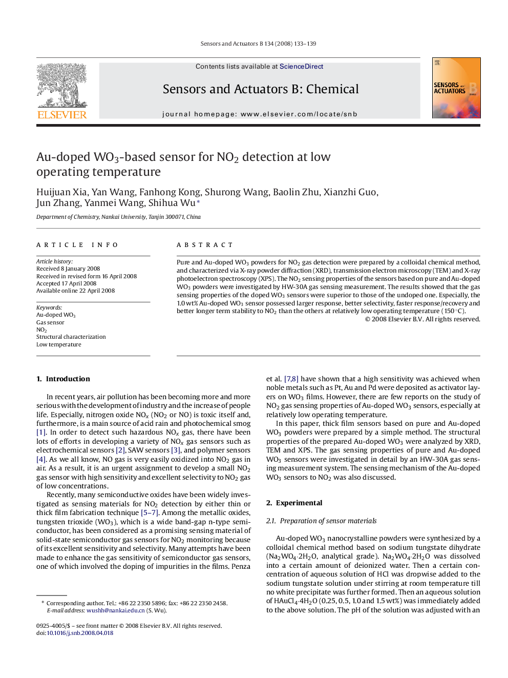 Au-doped WO3-based sensor for NO2 detection at low operating temperature