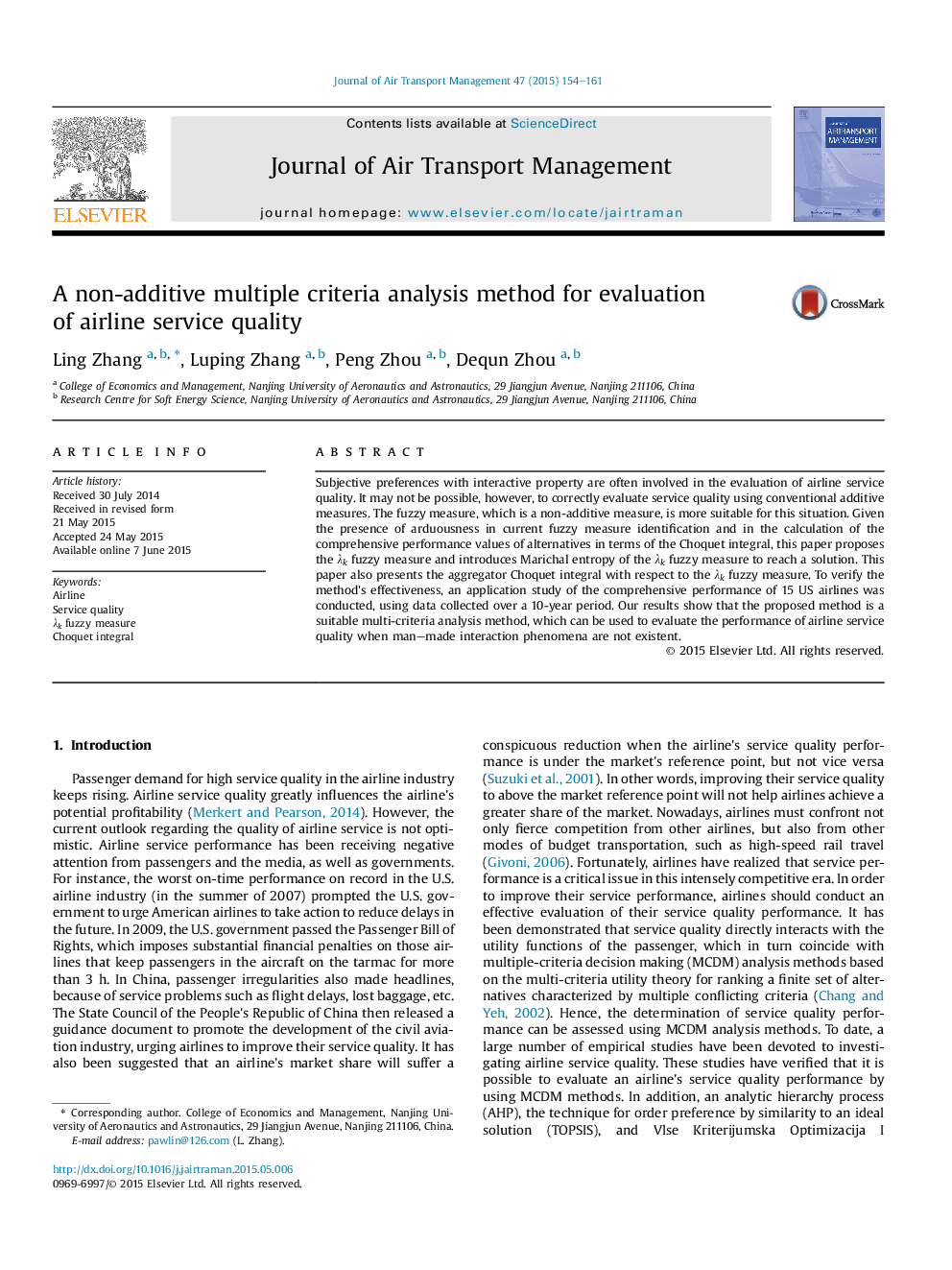 A non-additive multiple criteria analysis method for evaluation ofÂ airline service quality