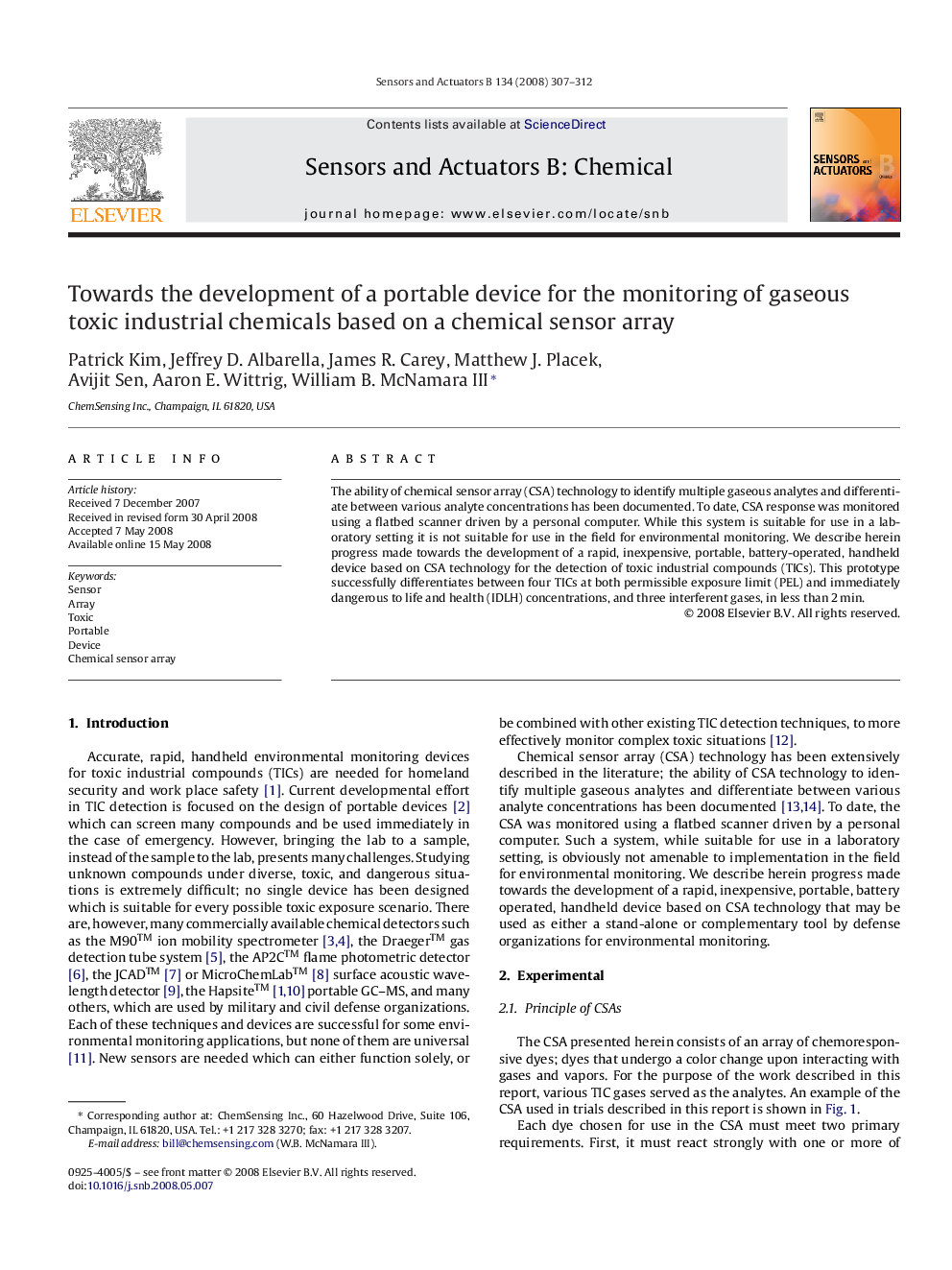 Towards the development of a portable device for the monitoring of gaseous toxic industrial chemicals based on a chemical sensor array