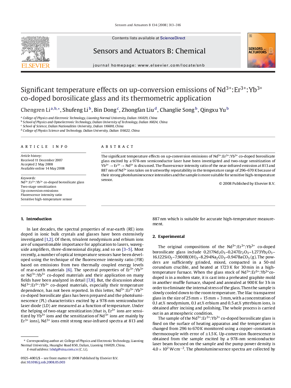 Significant temperature effects on up-conversion emissions of Nd3+:Er3+:Yb3+ co-doped borosilicate glass and its thermometric application