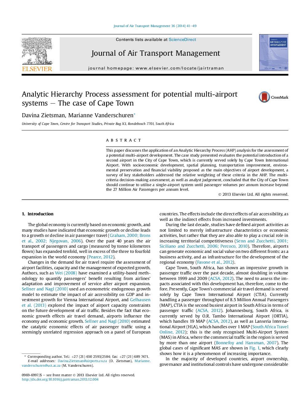 Analytic Hierarchy Process assessment for potential multi-airport systems - The case of Cape Town