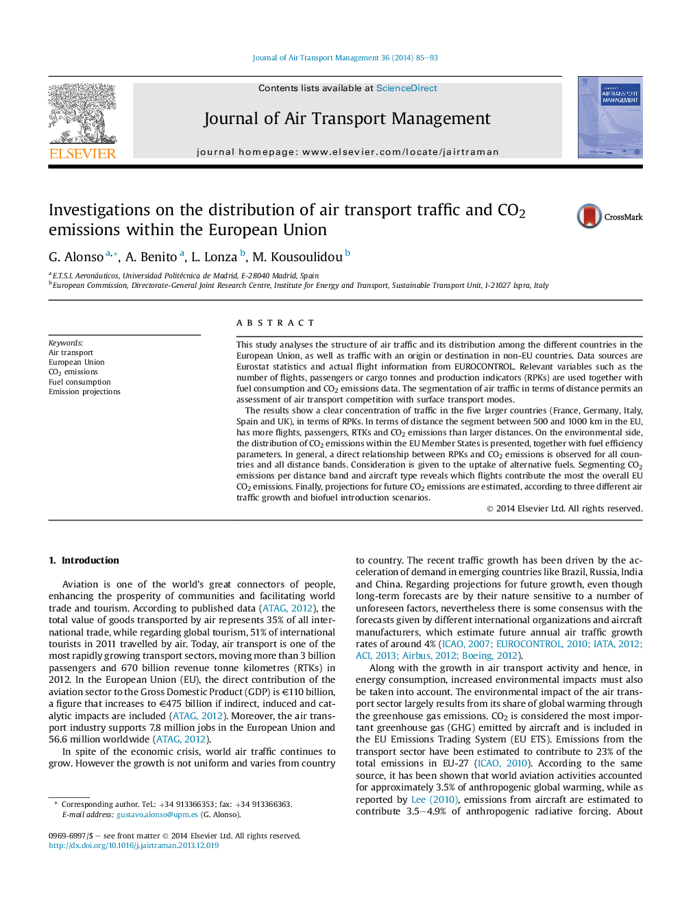 Investigations on the distribution of air transport traffic and CO2 emissions within the European Union