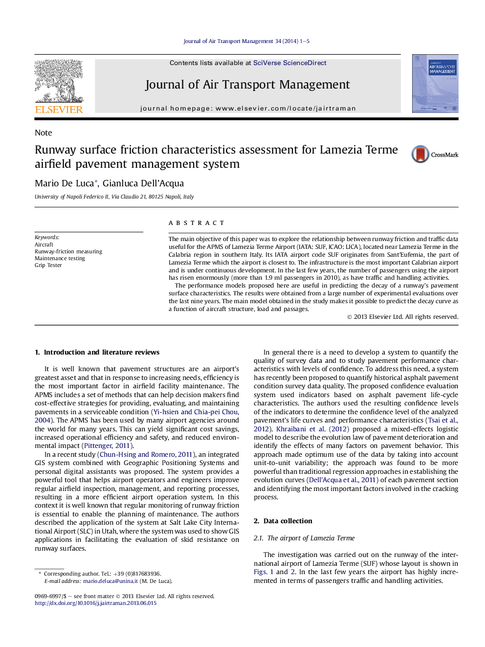 Runway surface friction characteristics assessment for Lamezia Terme airfield pavement management system