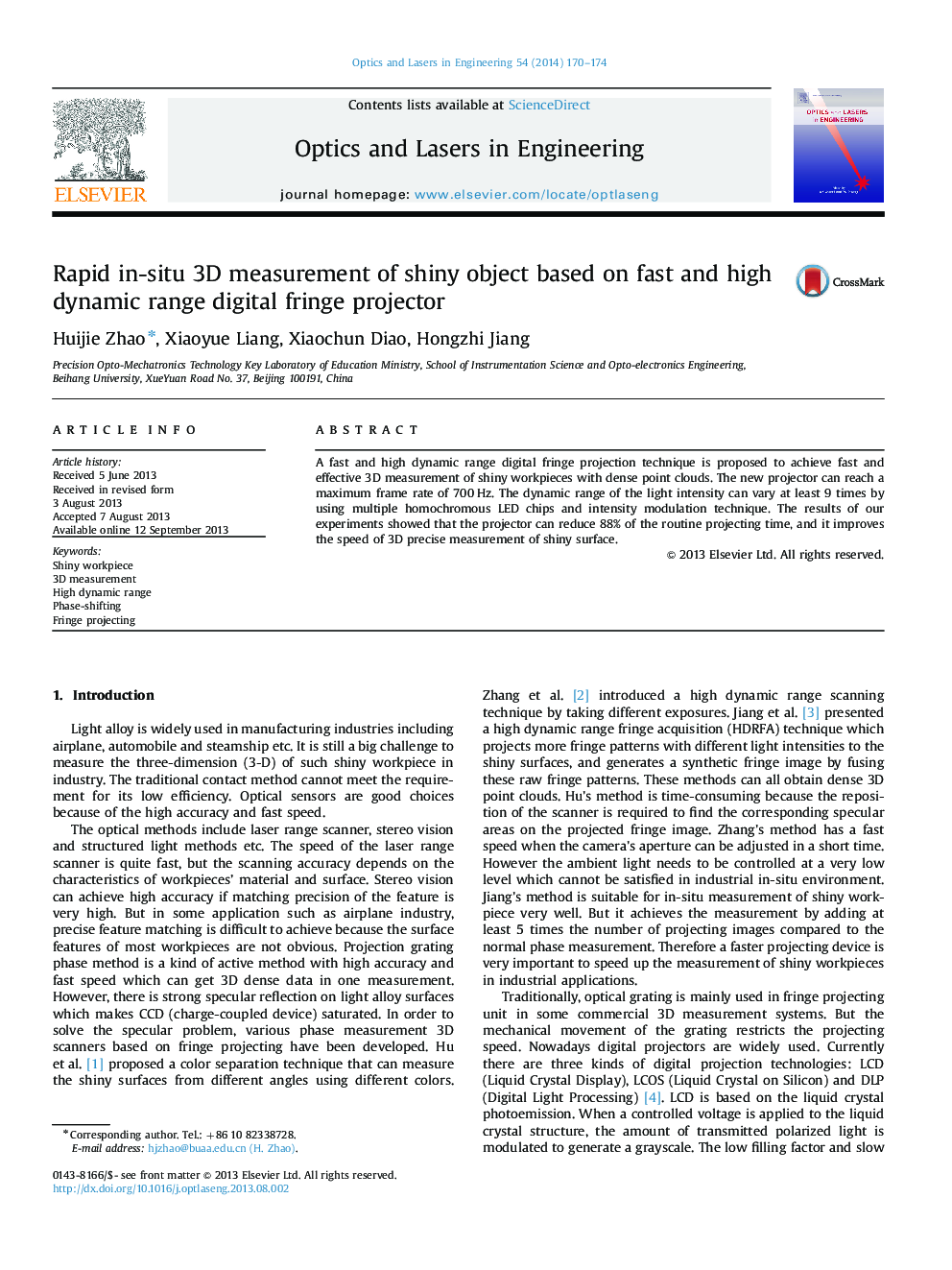 Rapid in-situ 3D measurement of shiny object based on fast and high dynamic range digital fringe projector