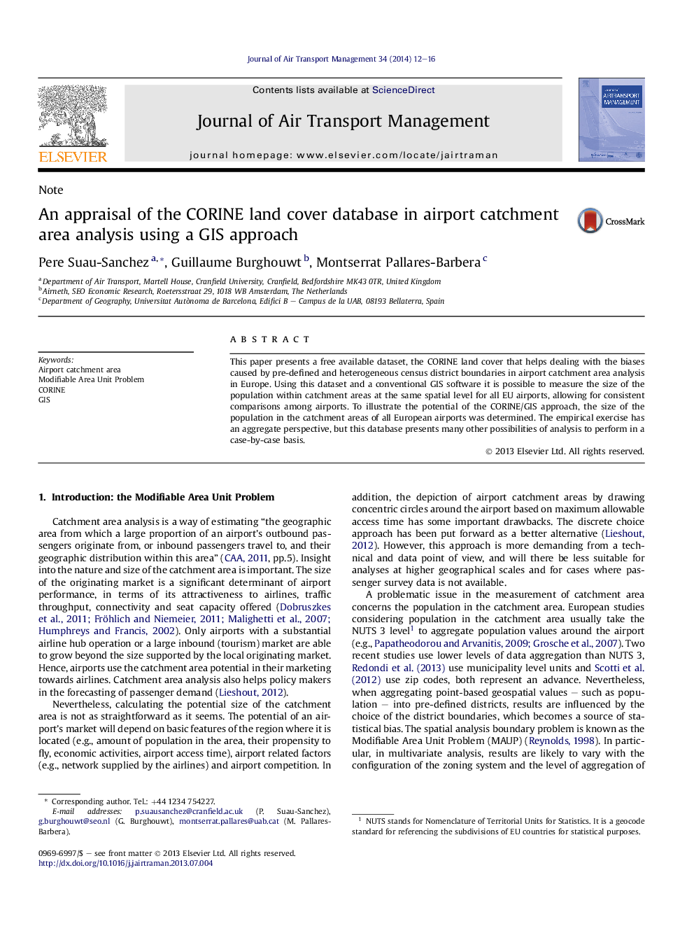 An appraisal of the CORINE land cover database in airport catchment area analysis using a GIS approach