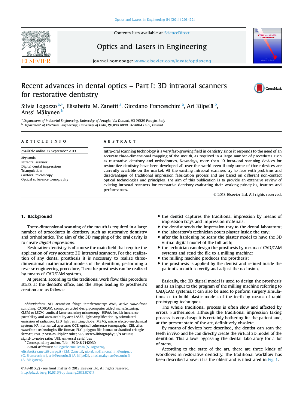 Recent advances in dental optics – Part I: 3D intraoral scanners for restorative dentistry