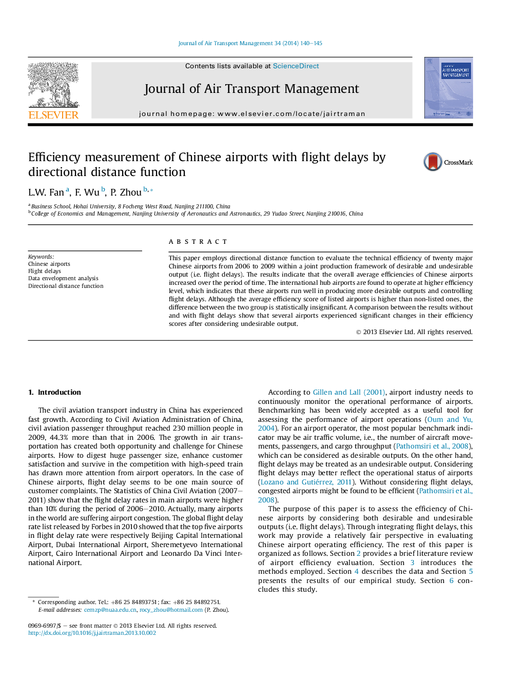 Efficiency measurement of Chinese airports with flight delays by directional distance function