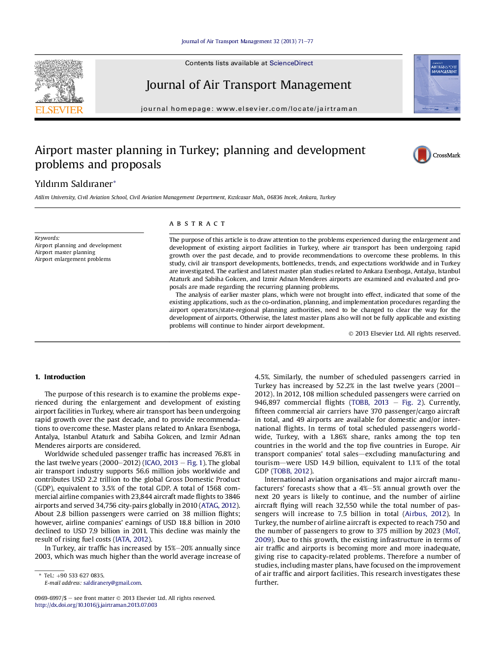 Airport master planning in Turkey; planning and development problems and proposals