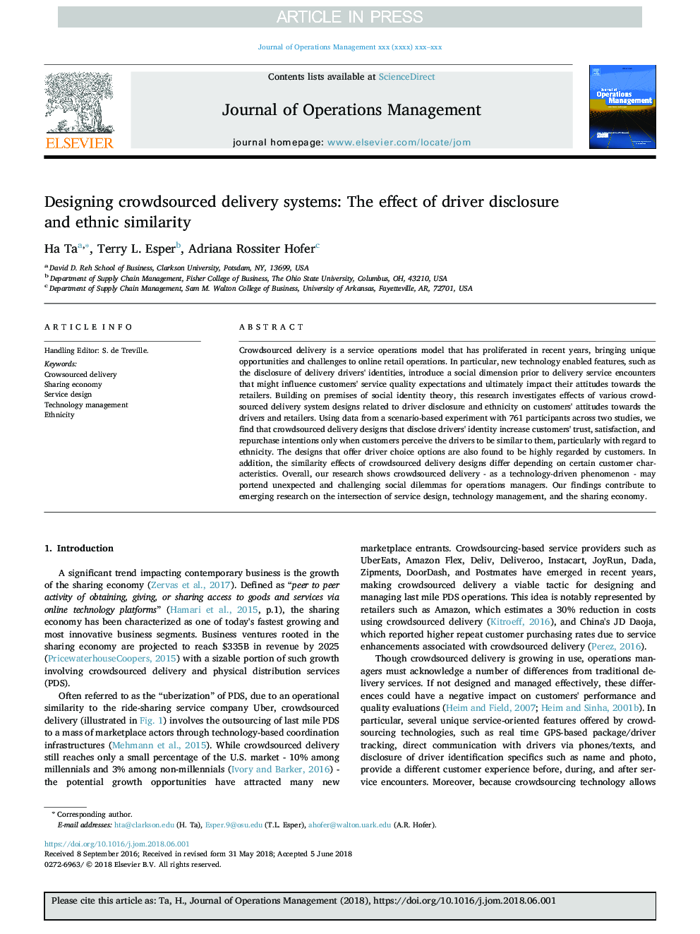 Designing crowdsourced delivery systems: The effect of driver disclosure and ethnic similarity